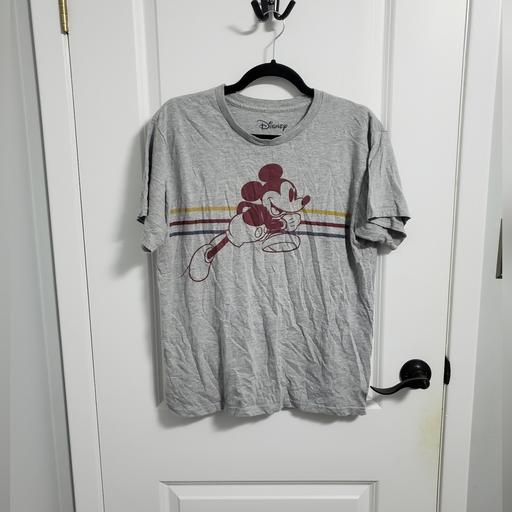 DISNEY Gray Mickey and Colorful Stripes T Shirt
